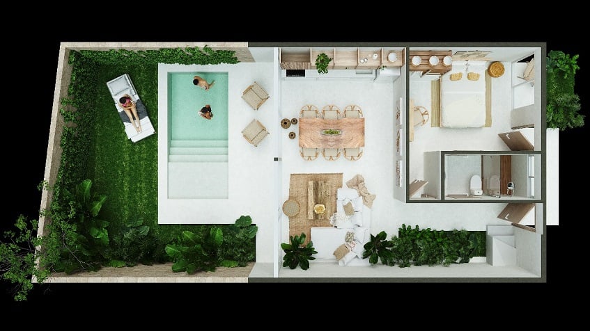 House floor plan - living room, bedroom and pool garden at Domum Tulum