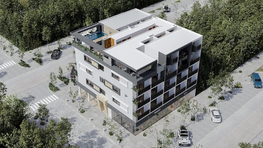 Aerial view of residential building and parking lot at Lik Zama