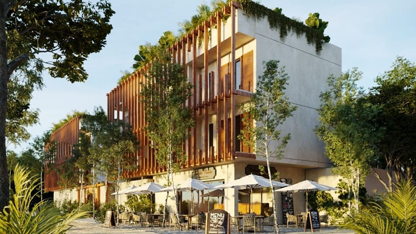 Residential building facade, coffee shop and commercial groundfloor at Homa Kah Tulum