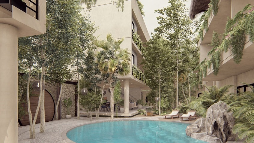 Ground floor pool garden and residential buildings around at Homa Kah Tulum