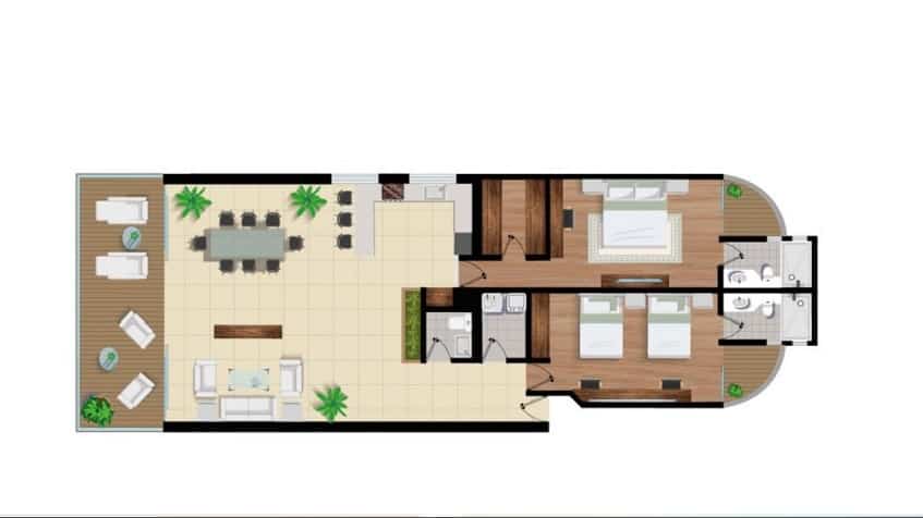 Two bedroom floor plan with terrace and three bathrooms at Secret Waters
