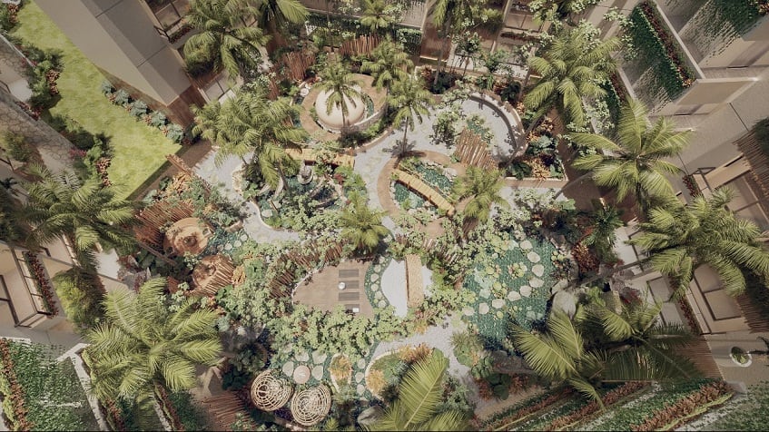 Top view of a garden surrounded by residential buildings at Sofia Tulum