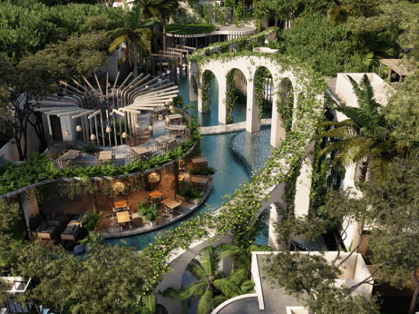 Arcade construction and pool garden between residential buildings Atman Place Tulum