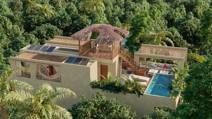 Residential building roof with a pool area, palapa and solar panels at Caribique Playa del Carmen