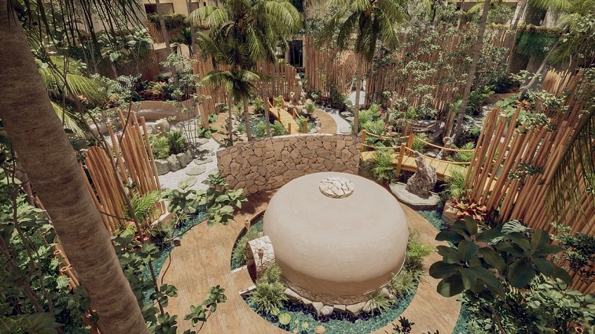 Top view of a garden and small stone constriction in the middle at Sofia Tulum