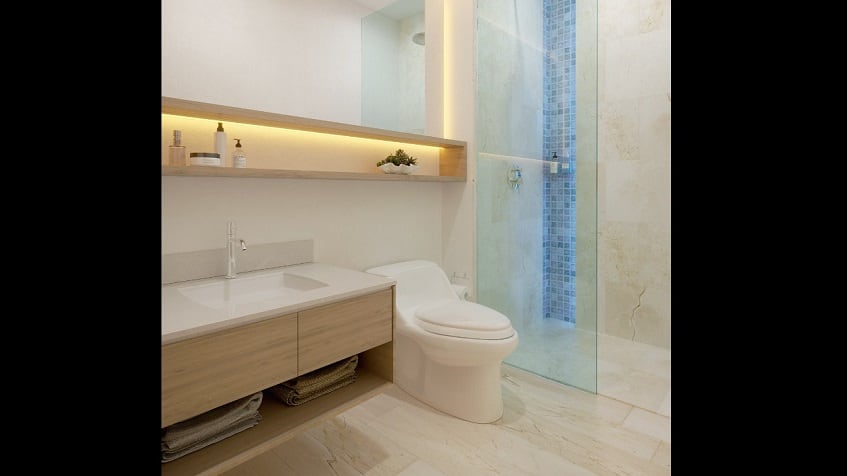 Bathroom with shower cabin and a shelf at Blu 38 Playa del Carmen