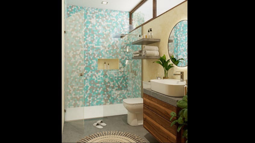 Bathroom with lighht blue tiles at Caribique Playa del Carmen