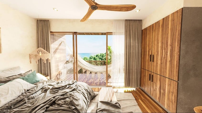 Bedroom with a wooden closet, hammock on a terrace at Caribique Playa del Carmen