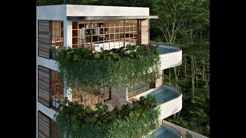 Three level residential building with three pools and vegetation at Muki Tulum