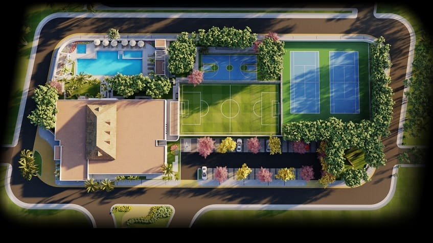 Isometric plan of sport fields, pool and building at Bali at Riviera Maya