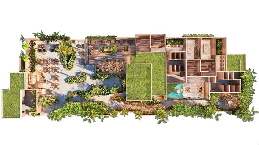 Isometric floor plan of residential and garden area at Sofia Tulum