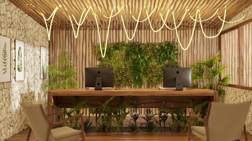 Large desk and two computers surrounded by vegetation at Caribique Playa del Carmen