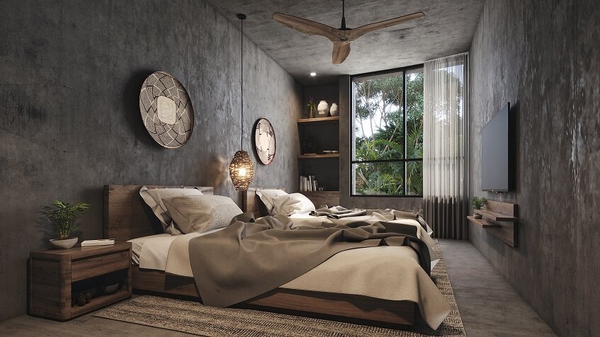 Bedroom with a square window and grey walls at Esencia Villas Tulum