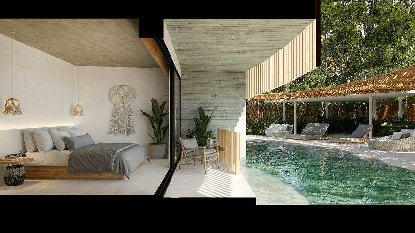 Bedroom and a large sliding window into a pool at Tuk Origen Tulum