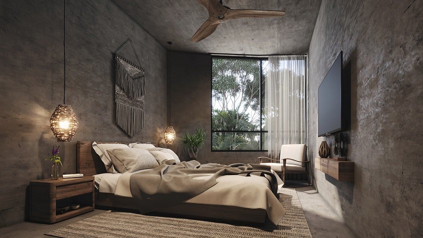 Bedroom with a square window and grey walls at Esencia Villas Tulum