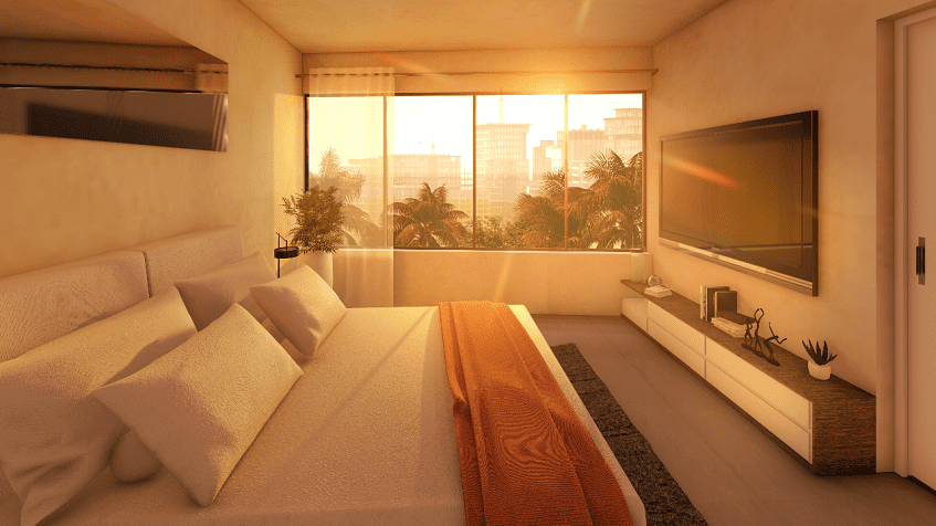 Bedroom wit a king size bed illuminated by sun at Piedra Preciosa Residencial