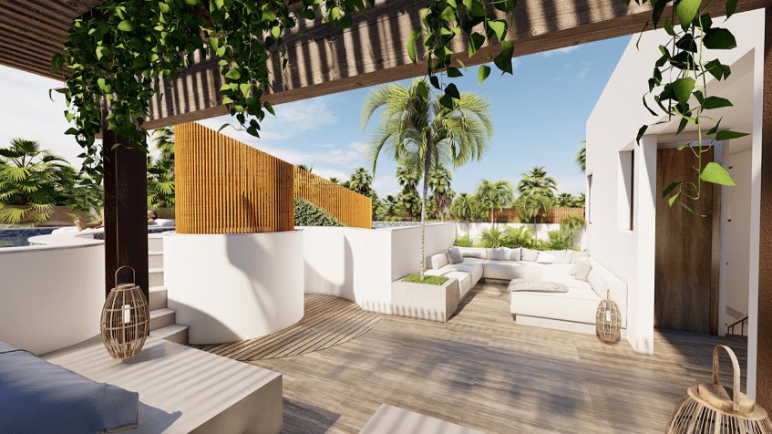 White building and sofas surrounded by palm trees at Blanko 54 Playa del Carmen