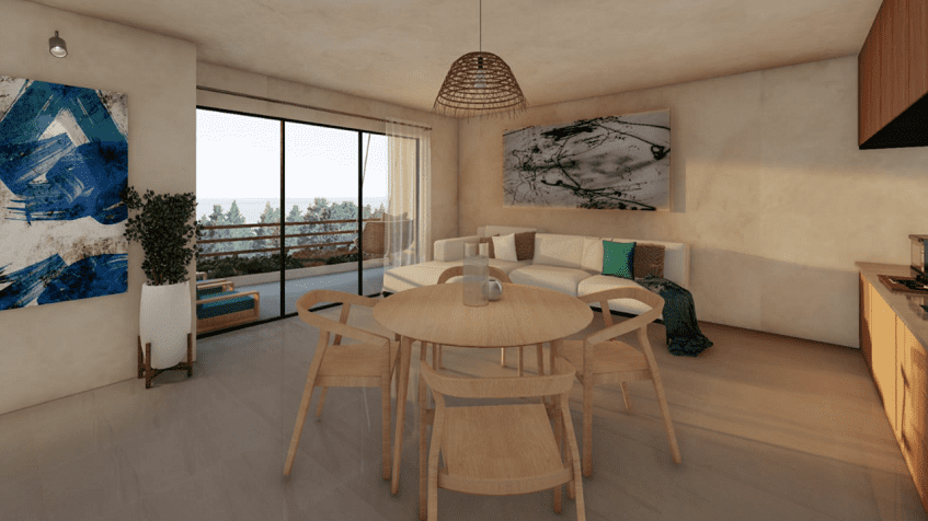 Living room with white sofa in the corner and round dining table in the middle at Piedra Preciosa Residencial
