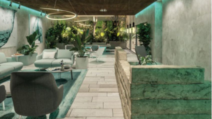 Sofas with small tables, green garden in the back at Altra Beach Condos