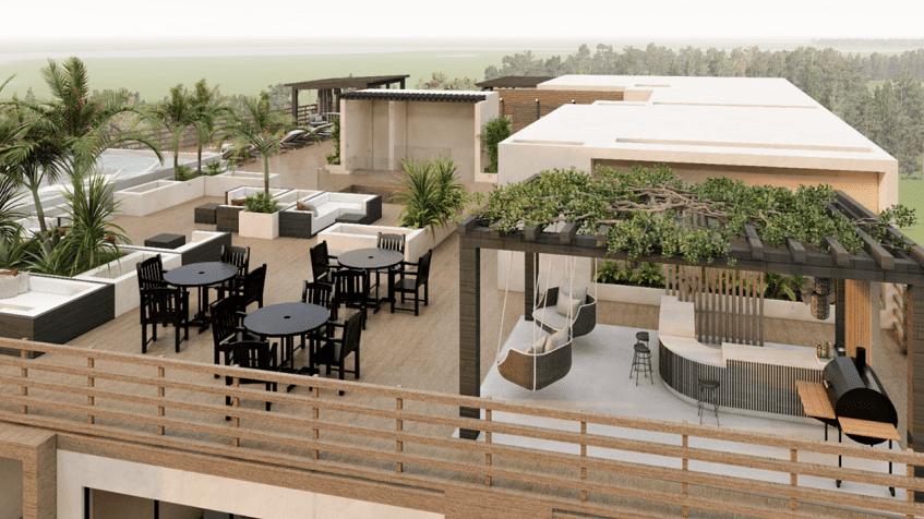 Rooftop bar with swing chairs and dining area, pool, grill at Piedra Preciosa Residencial