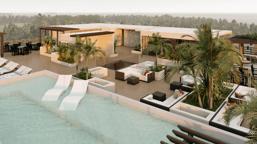 Rooftop and two sunbeds in the pool, garden sofas and tables at Piedra Preciosa Residencial