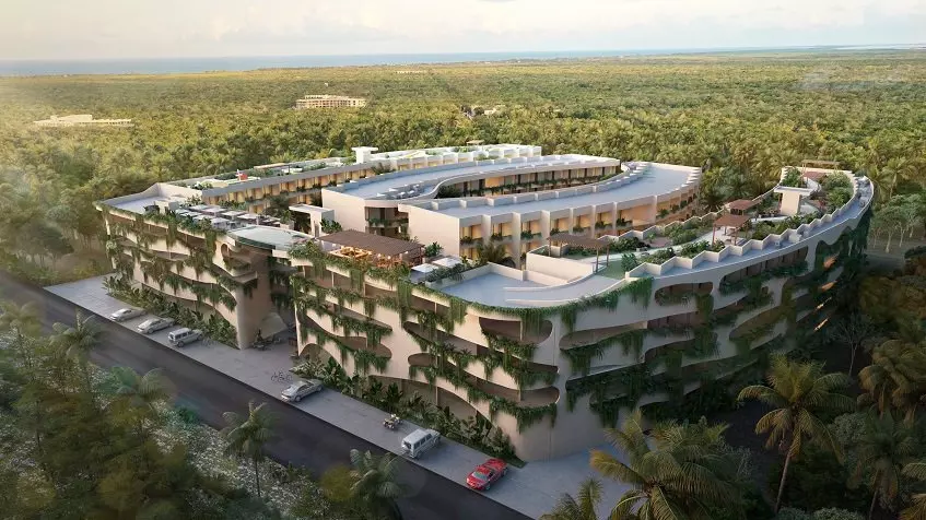 Top view of large residential complex surrounded by a jungle at Dalai DK Tulum