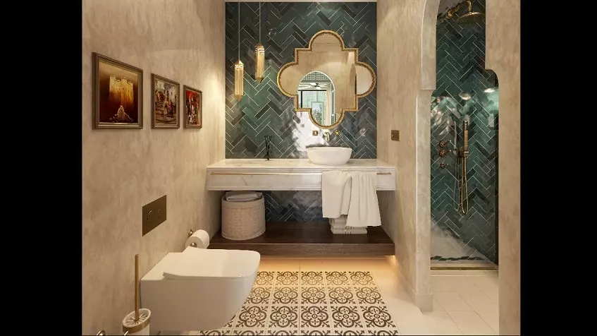 Bathroom with arabic style mirror, toilet, shower cabin at Pink Riad Tulum