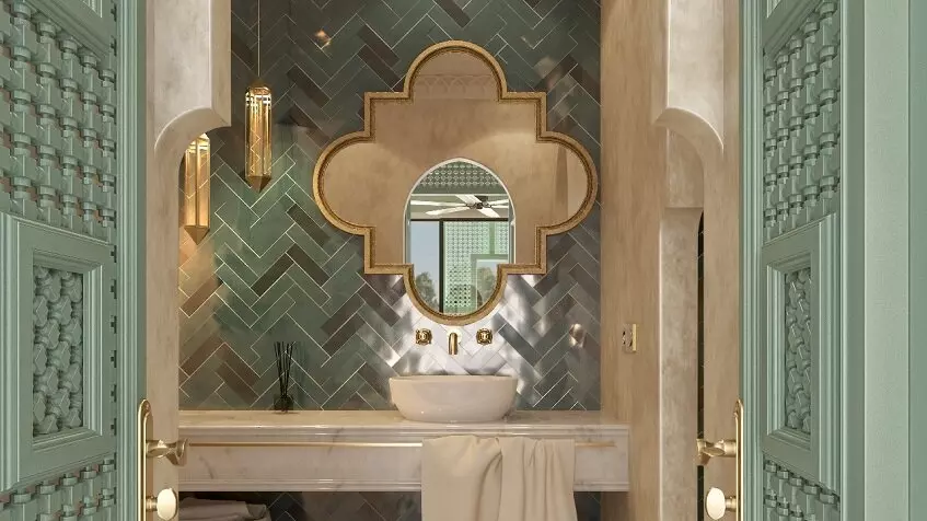 Bathroom with arabic style mirrow at Pink Riad Tulum