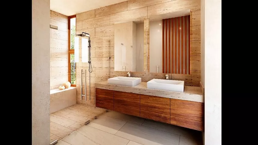 Double sink bathroom and shower cabin at Retiro Tulum Artisan Homes