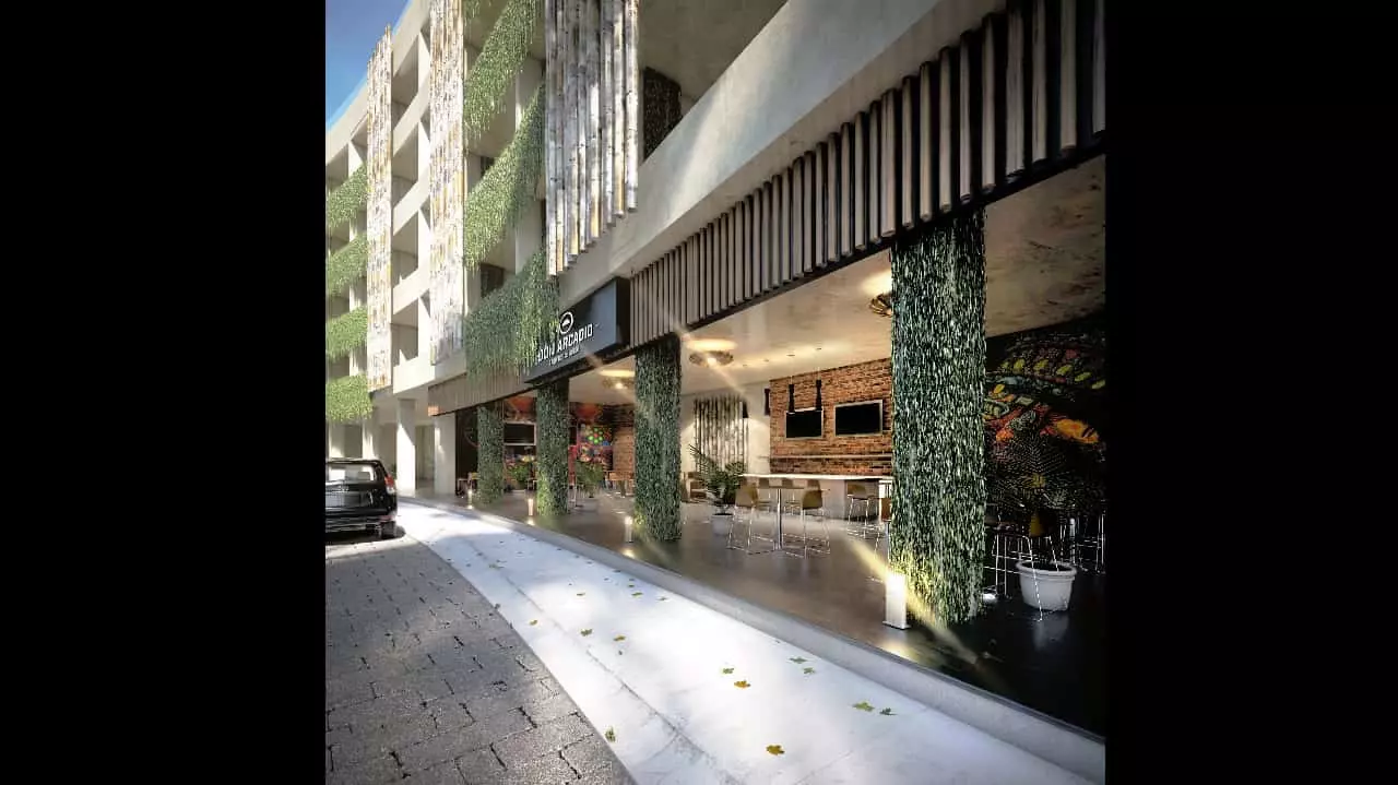 Residential building facade by the street, commercial area on a ground floor at Macondo Hotel and Residences Tulum