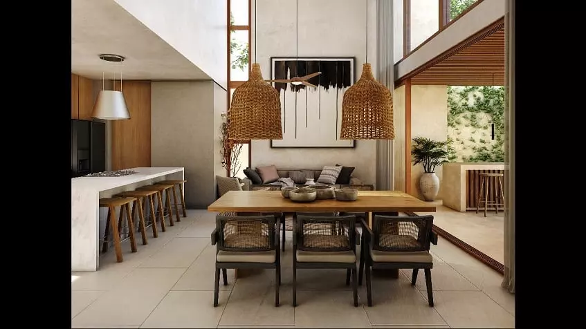 Dining-living room, kitchen bar extended to a pergola terrace at Retiro Tulum Artisan Homes
