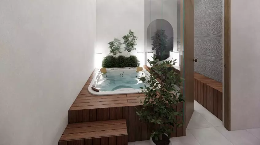 Jacuzzi tub surrounded by wooden deck and vegetation, open door to another room at Sur 307 Condominios