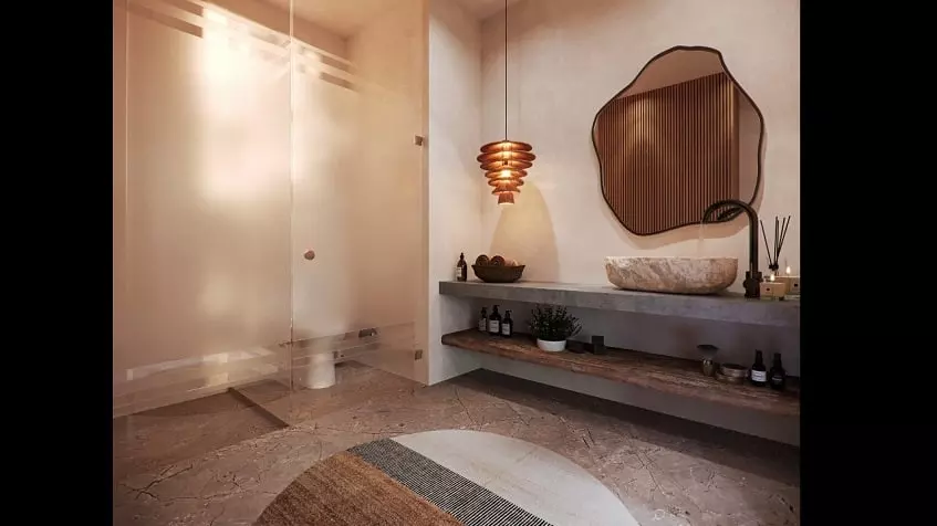 Bathroom with a stone sink and shower cabin at Kukun Tulum Condos