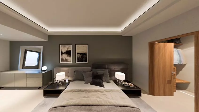 Bedroom with large night tables, standing drawer unit, built in closet at Origin by Wolf Cancun