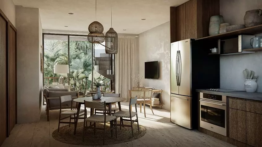 Living room with a round dining table, kitchen and terrace at Waye Condos