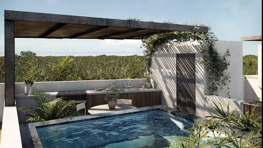 Rooftop pool with pergola, jungle view at Waye Condos
