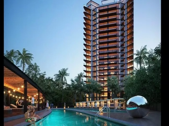 Pool area and people hanging out around a pergola, tall residential building at View Towers Cancun