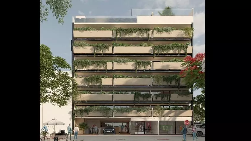 Residential building street facade, green balconies, people passing by at Isabella Condos