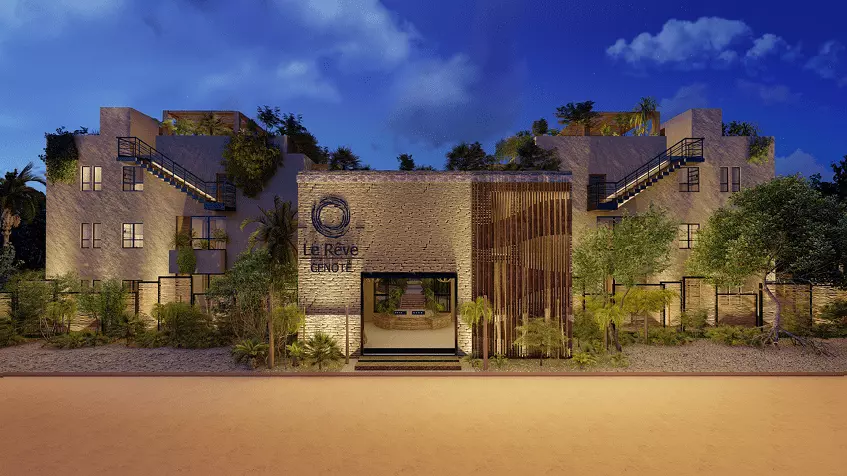 Residential area front facade with a logo at Le Releve Cenote Tulum