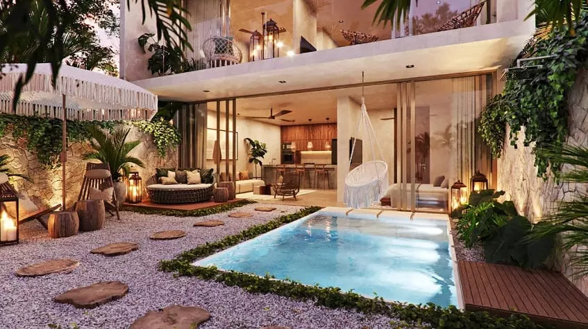 Ground floor terrace with a pool, view of living-kitchen area at Kukun Tulum Condos