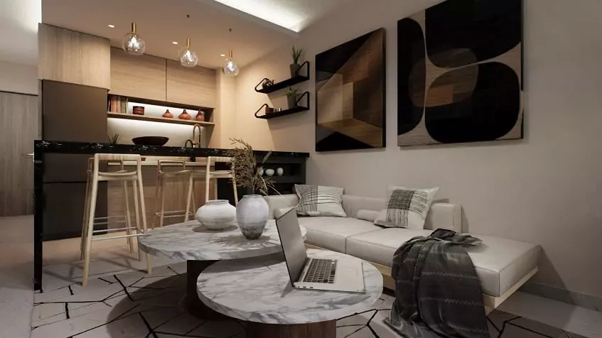 Kitchen and small white sofa at Ix Tulum Apartments