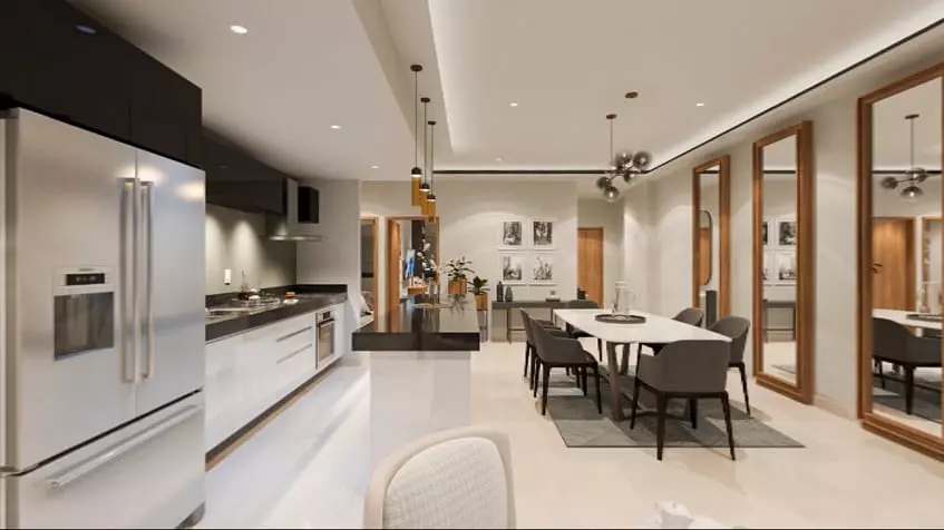 Spacious kitchen with a large fridge and dining table, mirrors at Origin by Wolf Cancun