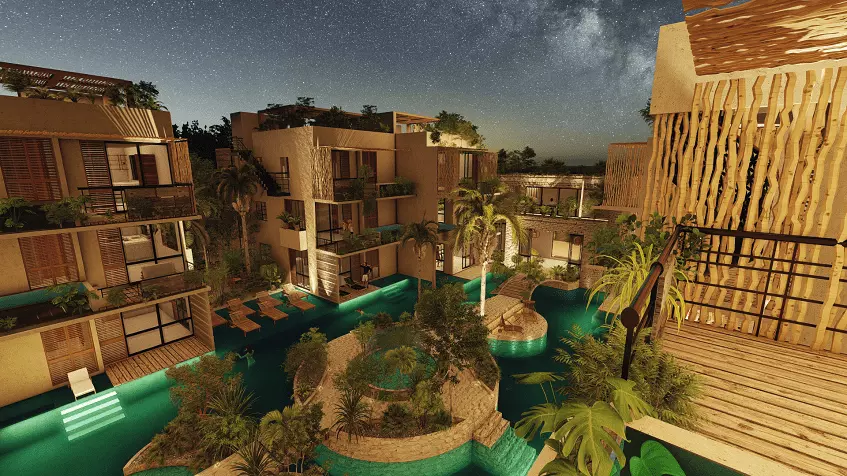 Residential area during the night and a walking passage between two pools, green area at Le Releve Cenote Tulum