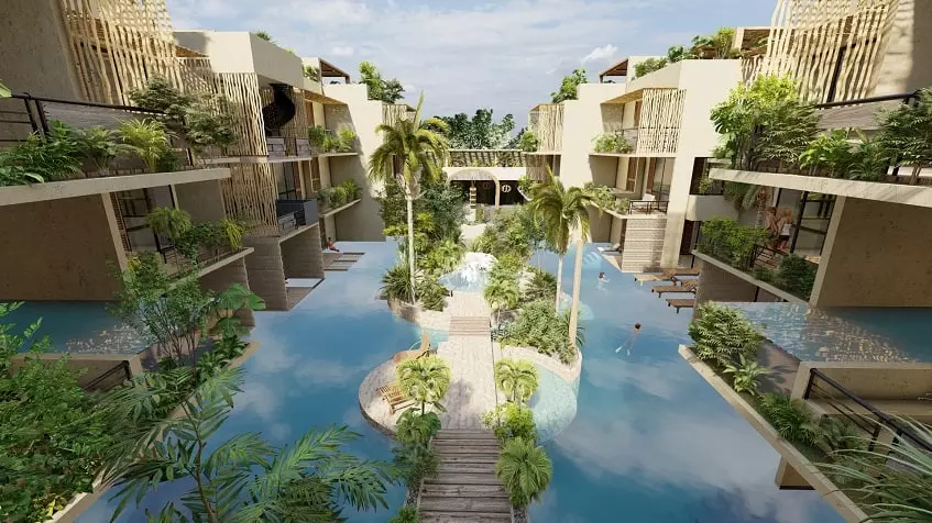 Residential area and a walking passage between two pools, green area at Le Releve Cenote Tulum
