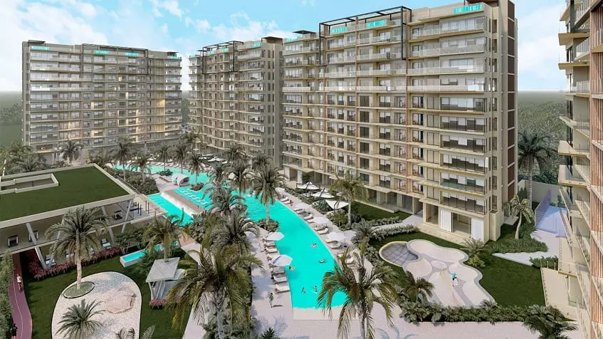 Residential buildings complex with a pool and entertainment facilities at Valle Aurora Cancun