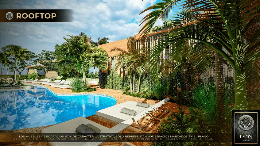 Pool area with palm trees islands, solarium, vegetation at Menesse Casa Leon