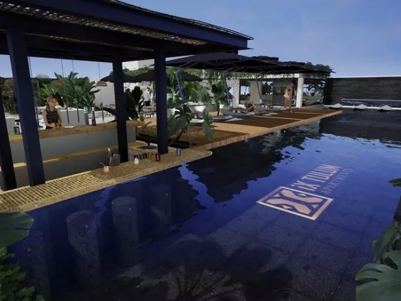 Large pool with a bar under pergola at Ix Tulum Apartments