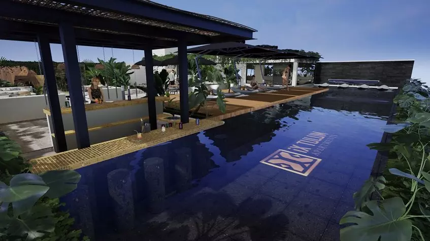 Large pool with a bar under pergola at Ix Tulum Apartments