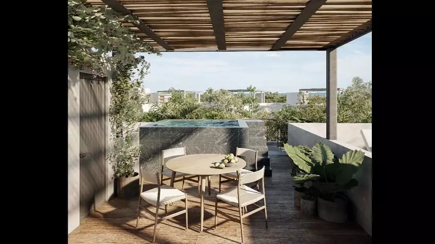 Rooftop pergola and pool jacuzzi, round dining table at Waye Condos
