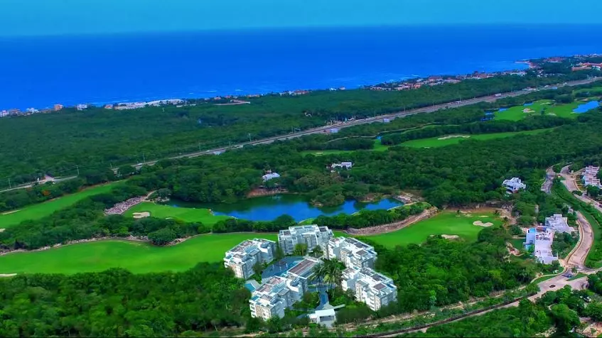 Aerial view of Residential Area, jungle, pond and ocean at The Peninsula Tulum